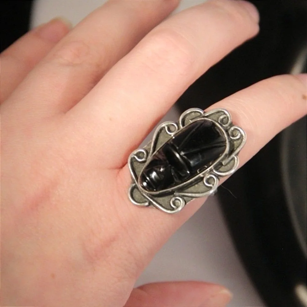 Vintage Mexico Sterling Silver Hand Carved Black‎ Onyx Scarab Ring Size 6.75